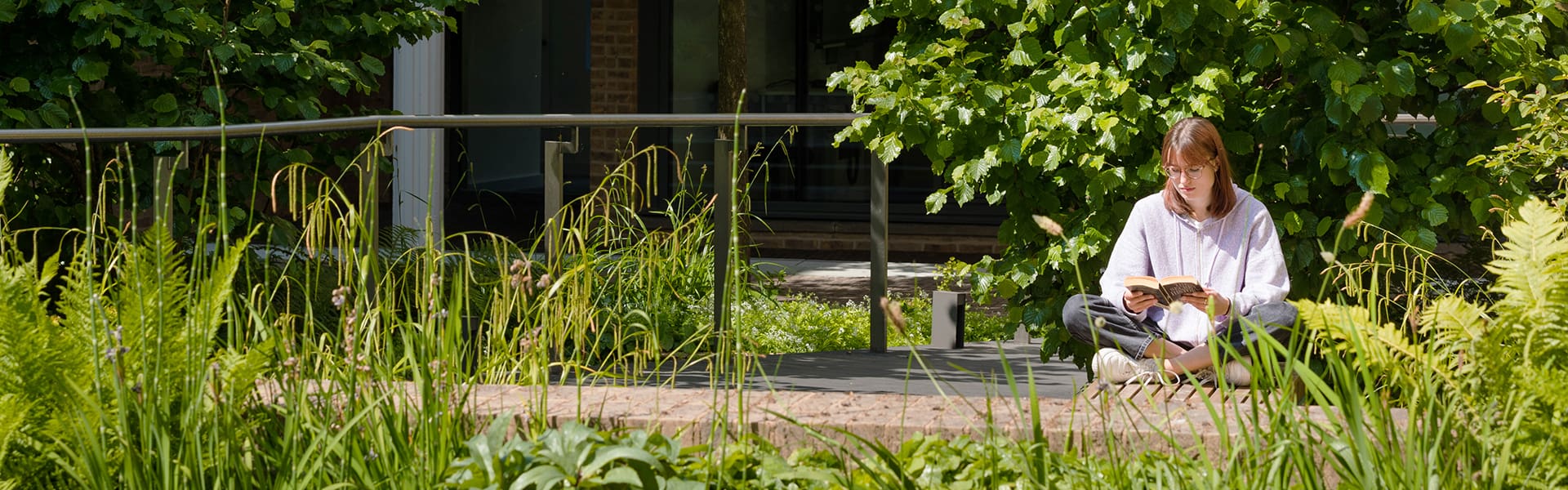 A student sits reading, surrounded by greenery